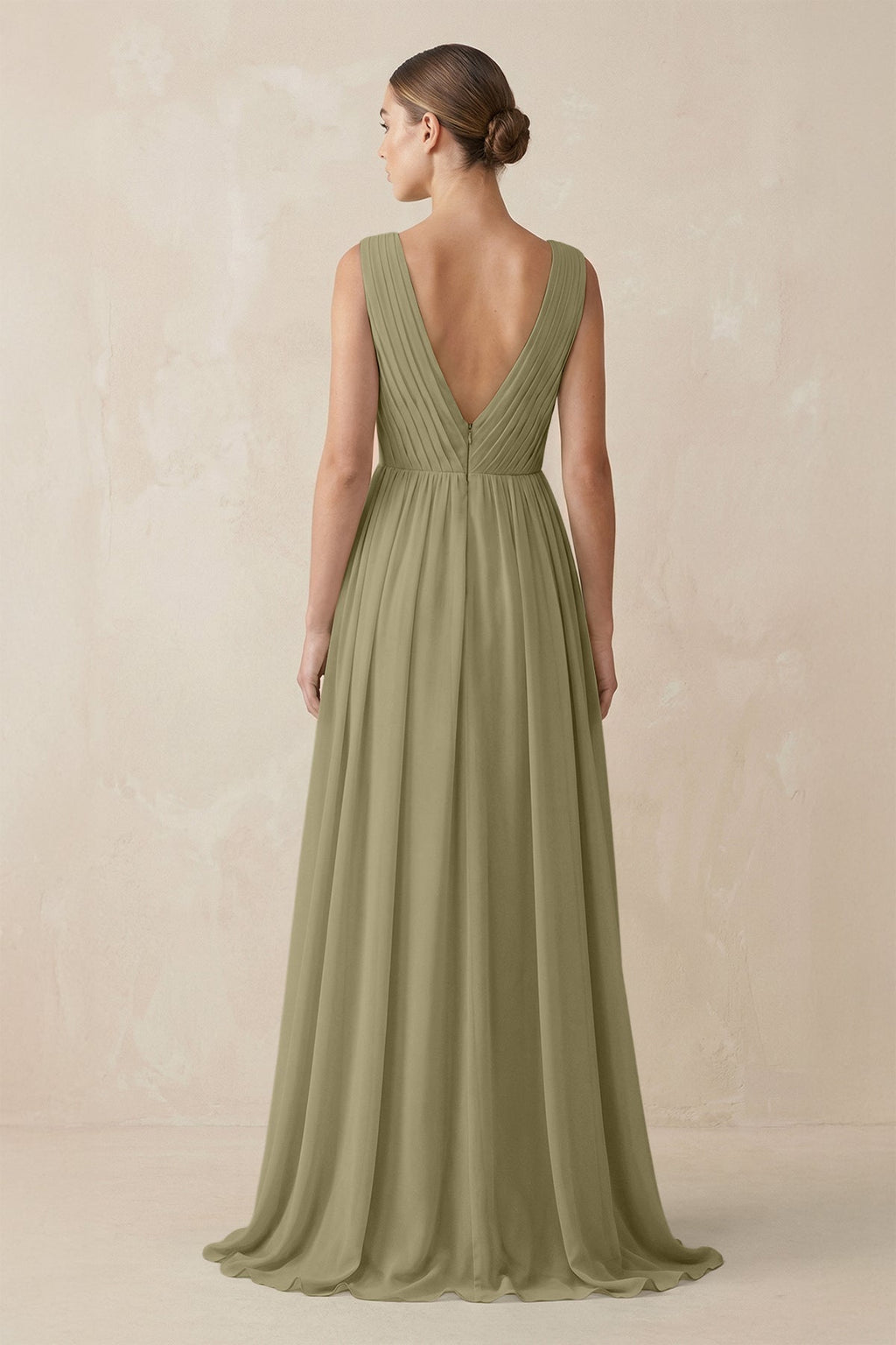 V-Neck Pleated A-Line Chiffon Bridesmaid Dress in Thyme
