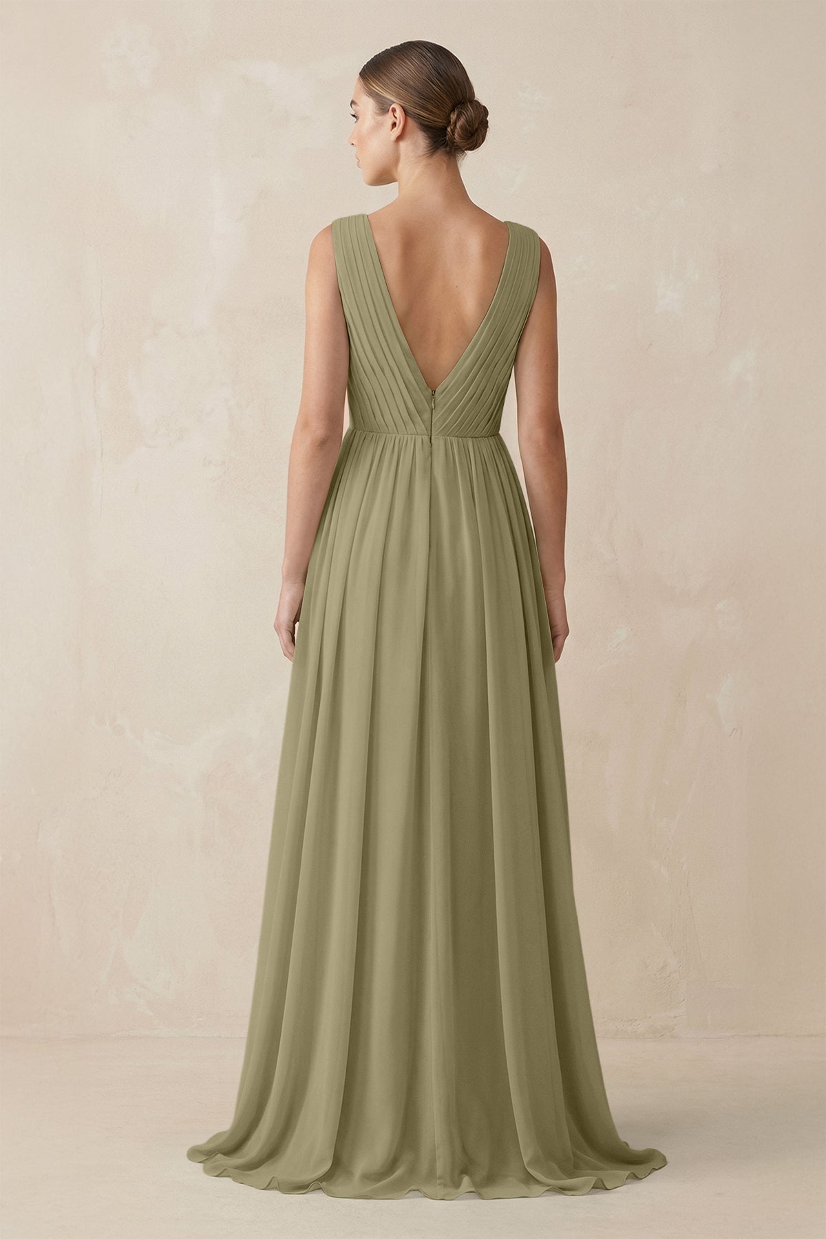 V-Neck Pleated A-Line Chiffon Bridesmaid Dress in Thyme