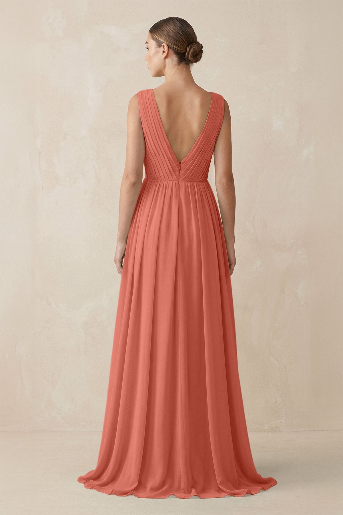 V-Neck Pleated A-Line Chiffon Bridesmaid Dress in Wild Rose