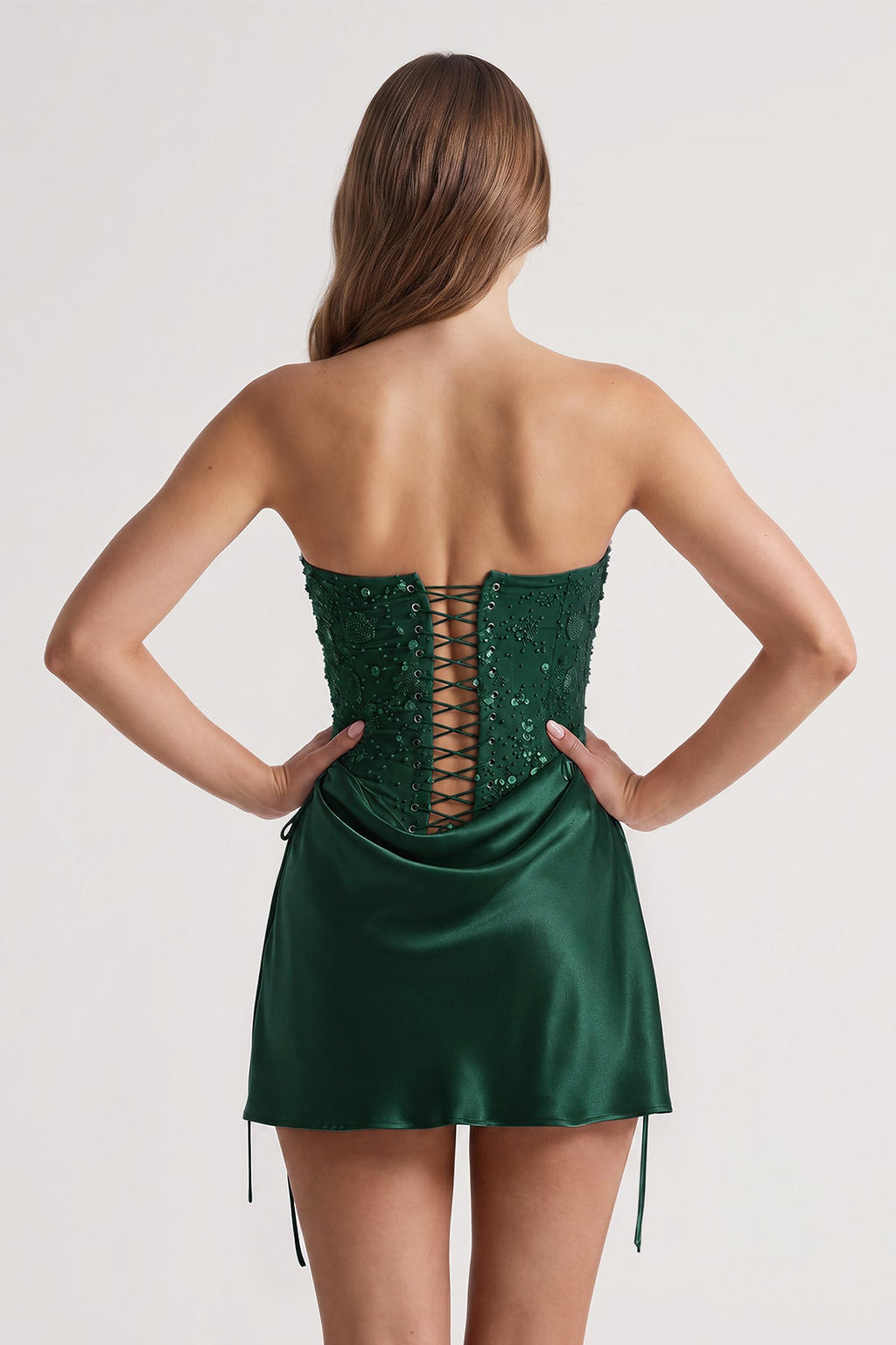 Pink Sweetheart Sheath Corset Ruched Satin Homecoming Dress with Beading