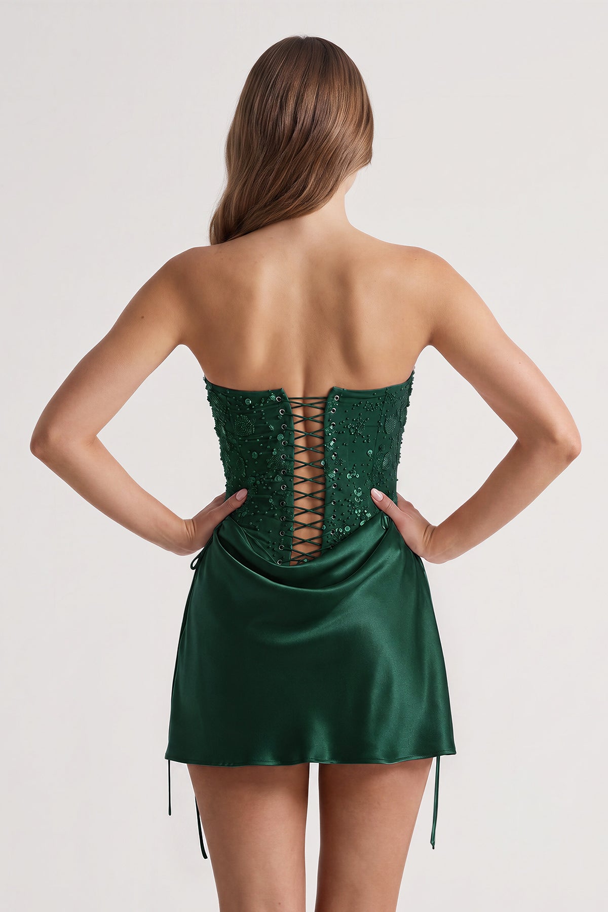Pink Sweetheart Sheath Corset Ruched Satin Homecoming Dress with Beading