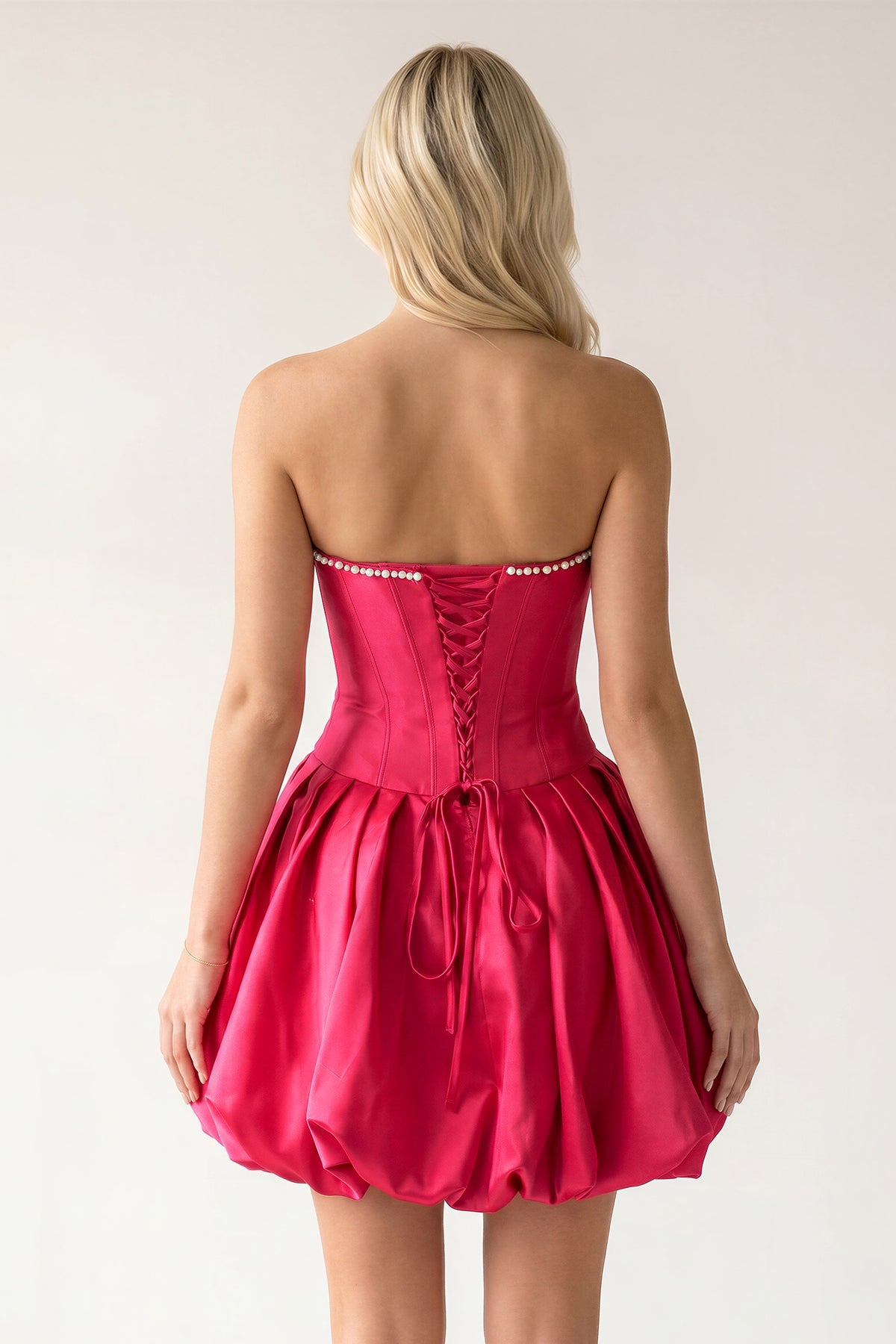 Fuchsia A-Line Bubble Hem Satin Strapless Corset Homecoming Dress