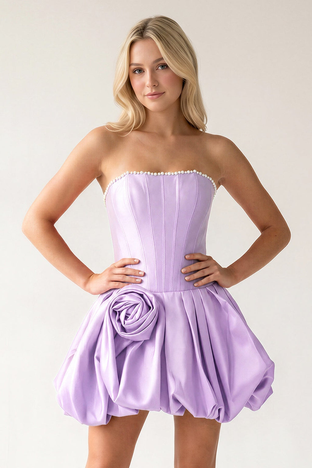 Fuchsia A-Line Bubble Hem Satin Strapless Corset Homecoming Dress