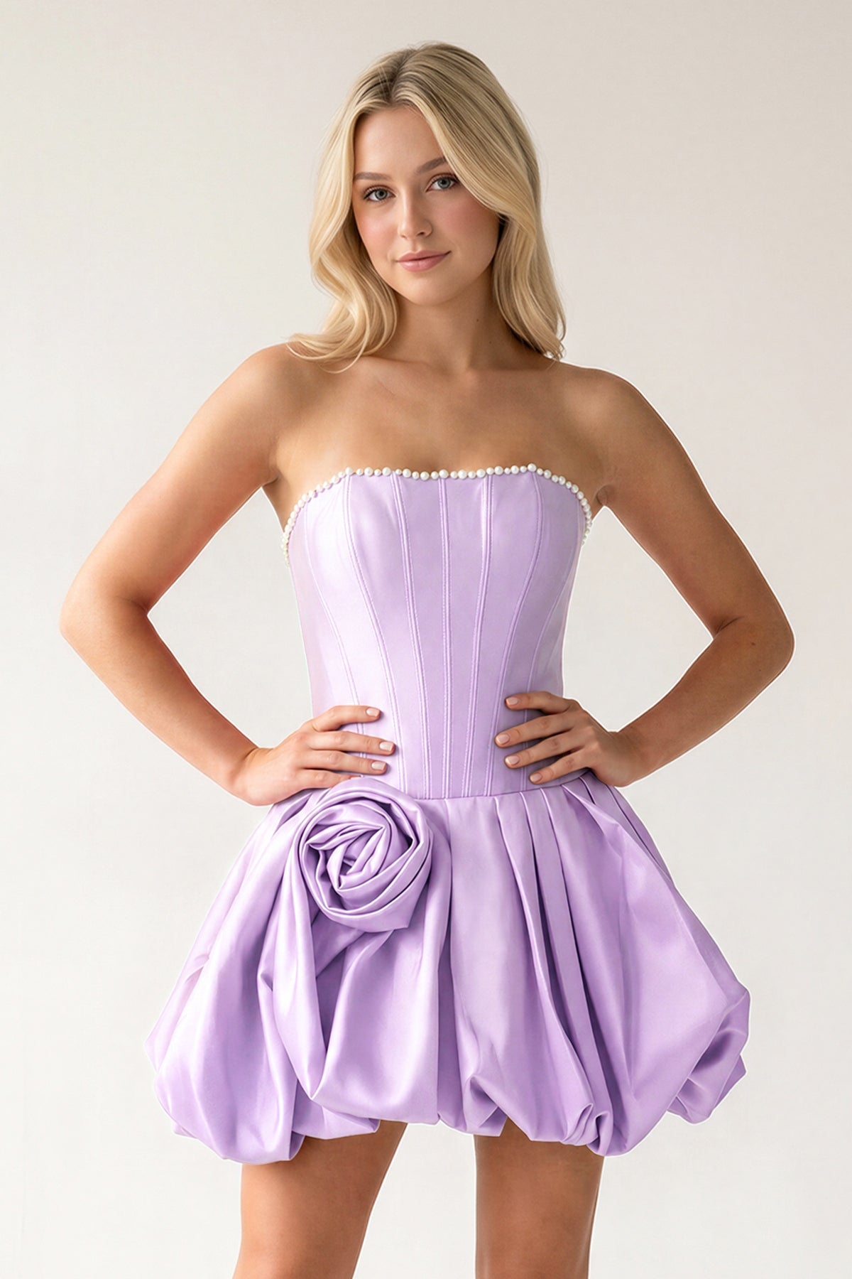 Fuchsia A-Line Bubble Hem Satin Strapless Corset Homecoming Dress