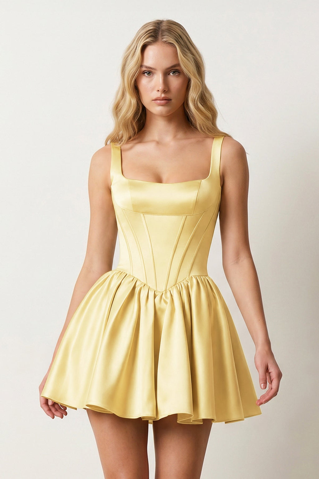 Green Square Neck Satin Ruched A-Line Corset Homecoming Dress