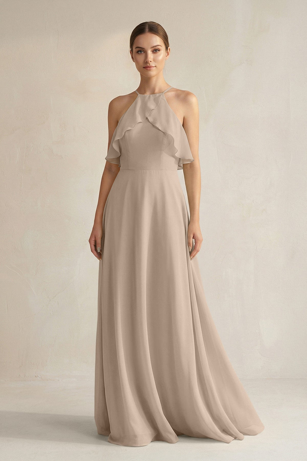 Halter Neck A-Line Chiffon Bridesmaid Dress with Keyhole in Almond