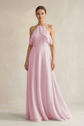 Halter Neck A-Line Chiffon Bridesmaid Dress with Keyhole in Candy Pink