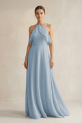 Halter Neck A-Line Chiffon Bridesmaid Dress with Keyhole in Dusty Blue