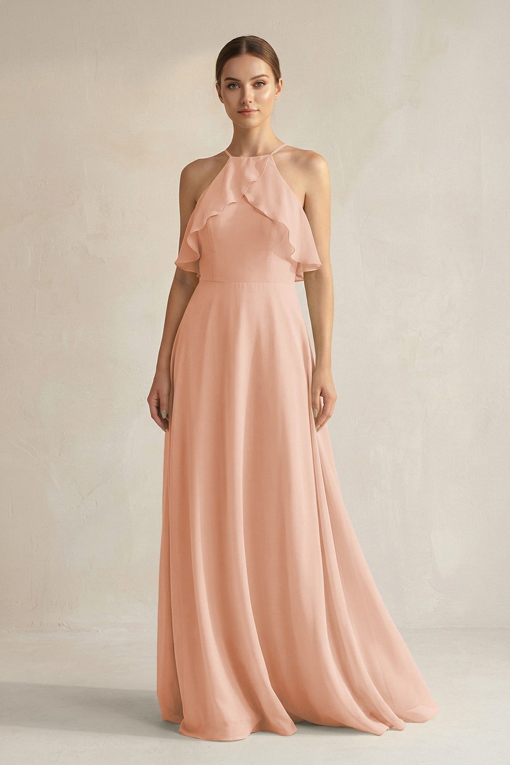 Halter Neck A-Line Chiffon Bridesmaid Dress with Keyhole in English Rose