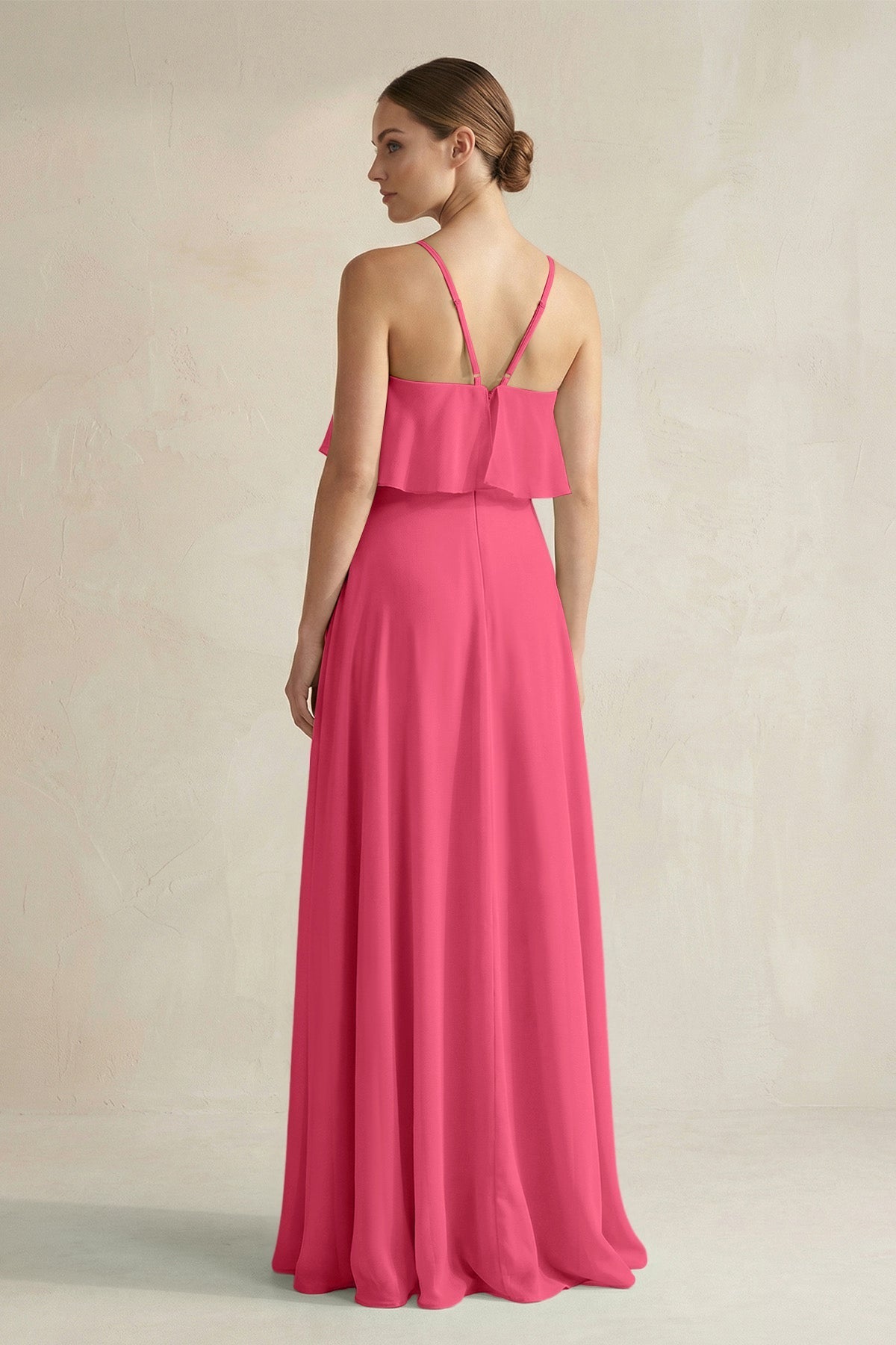Halter Neck A-Line Chiffon Bridesmaid Dress with Keyhole in Fuchsia