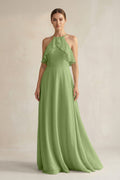Halter Neck A-Line Chiffon Bridesmaid Dress with Keyhole in Matcha