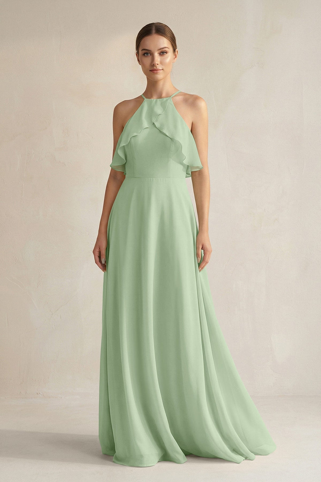 Halter Neck A-Line Chiffon Bridesmaid Dress with Keyhole in Sage