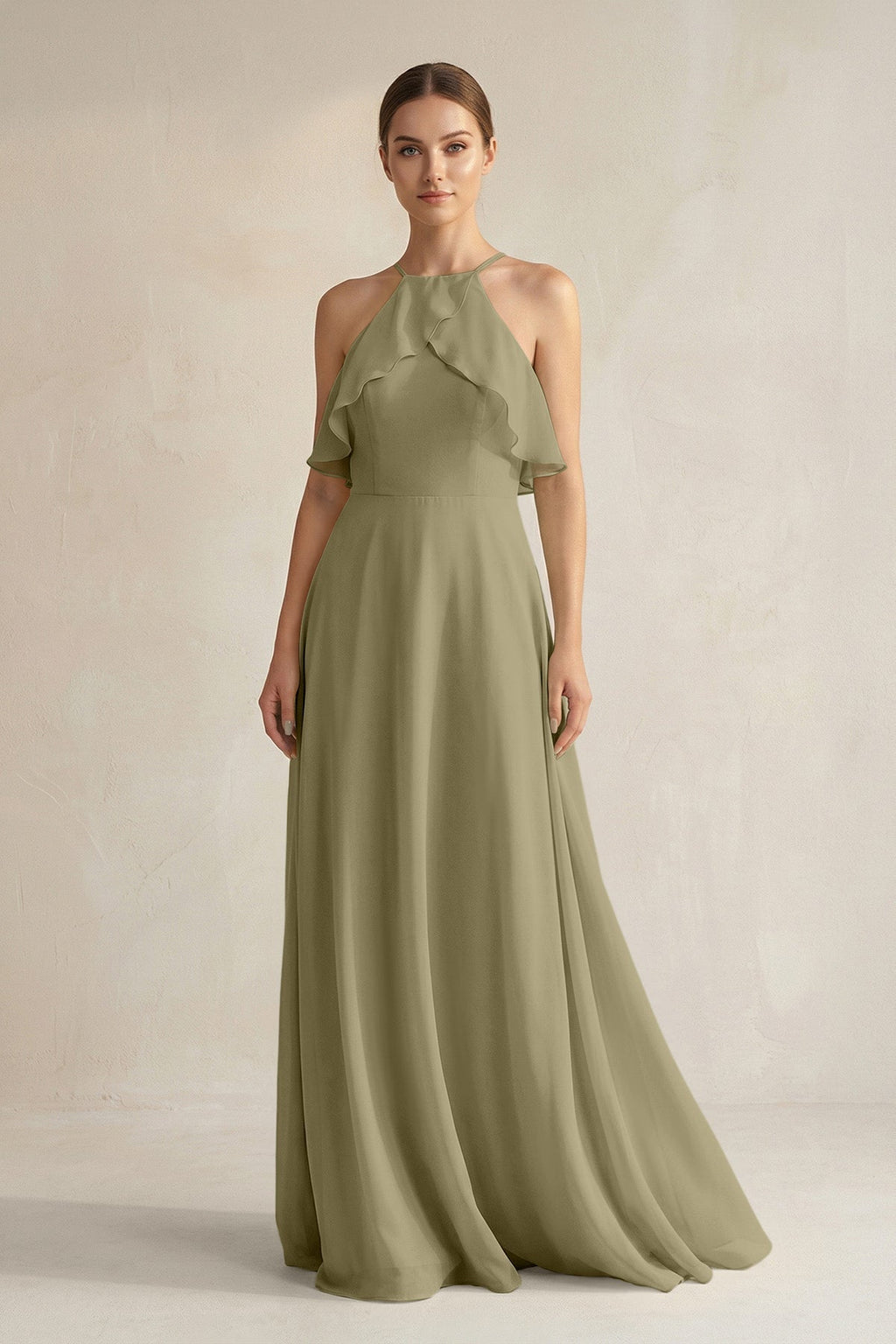 Halter Neck A-Line Chiffon Bridesmaid Dress with Keyhole in Thyme