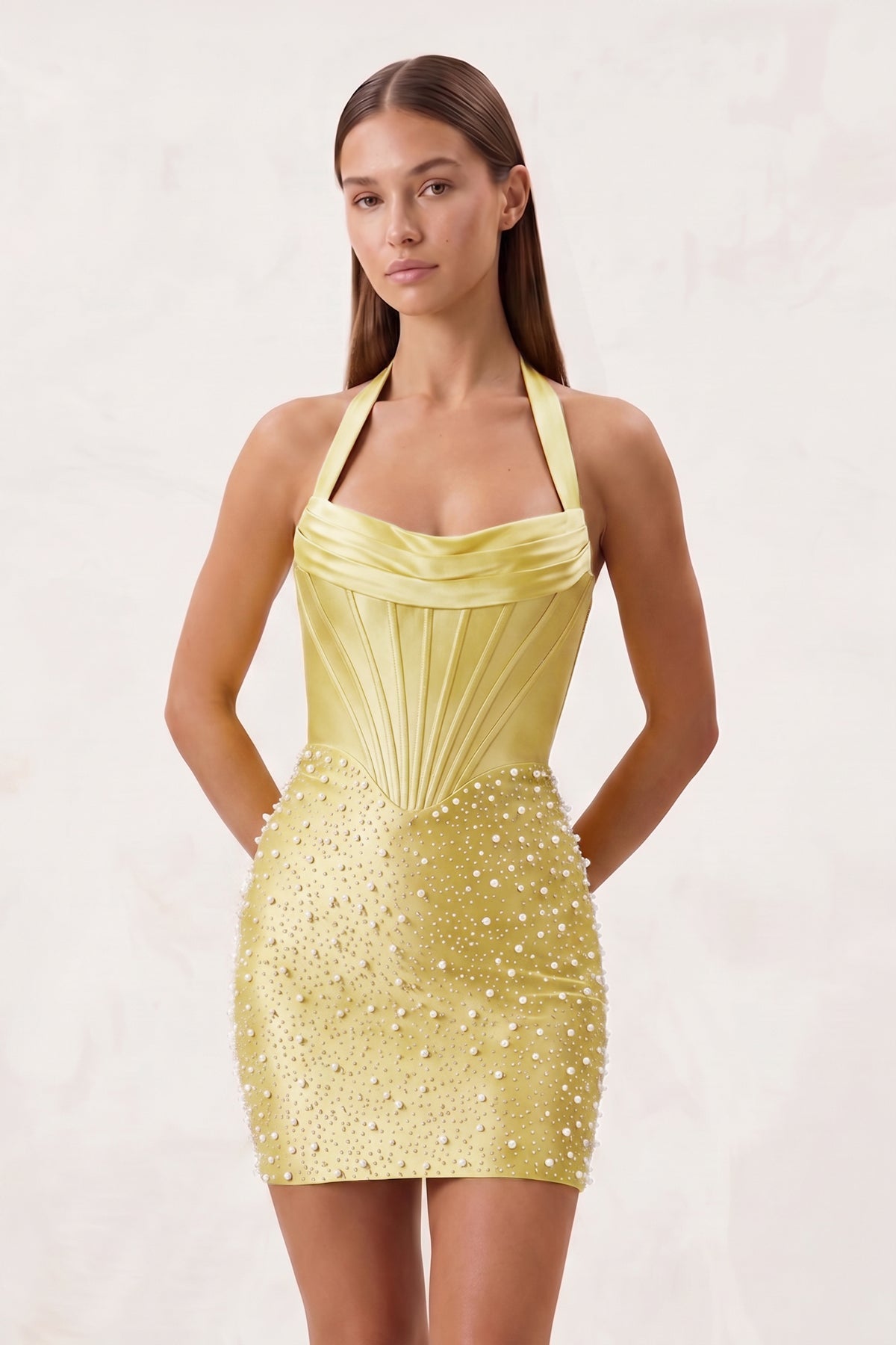 Halter Sheath Corset Satin Homecoming Dress With Pearl