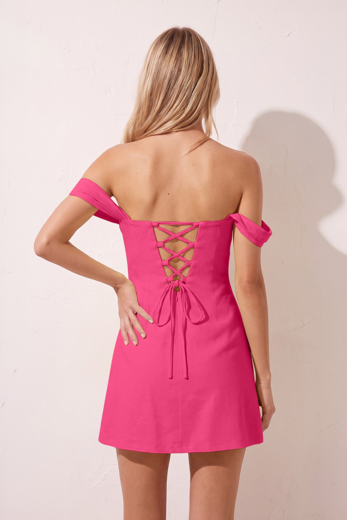 Yellow Off the Shoulder Linen Sheath Homecoming Dress with Lace Up Back