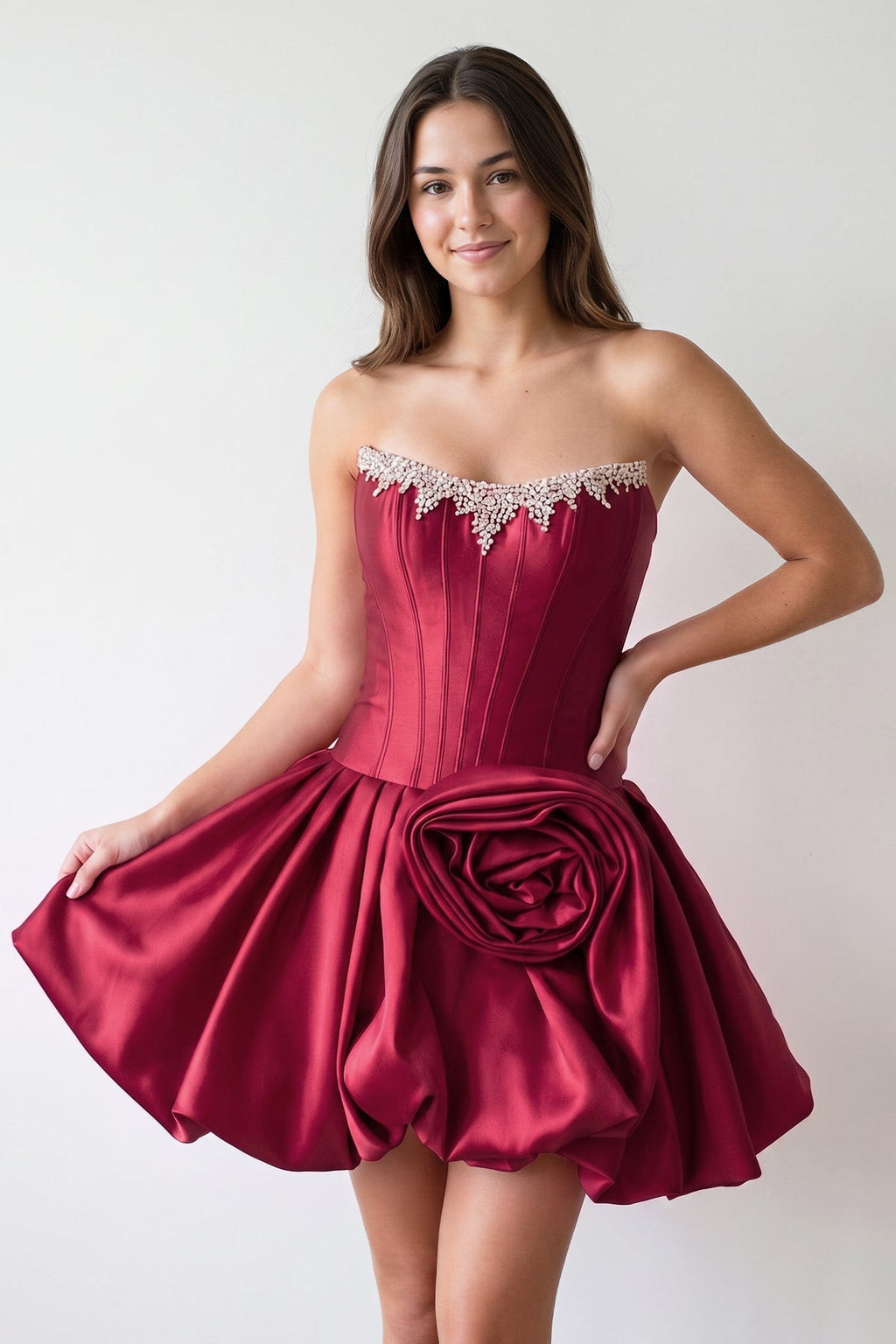 Hot Pink Strapless Satin A-Line Ruched Corset Homecoming Dress with Beading