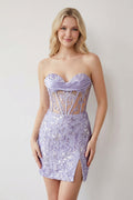 Lavender Sweetheart Corset Appliqued Homecoming Dress with Slit