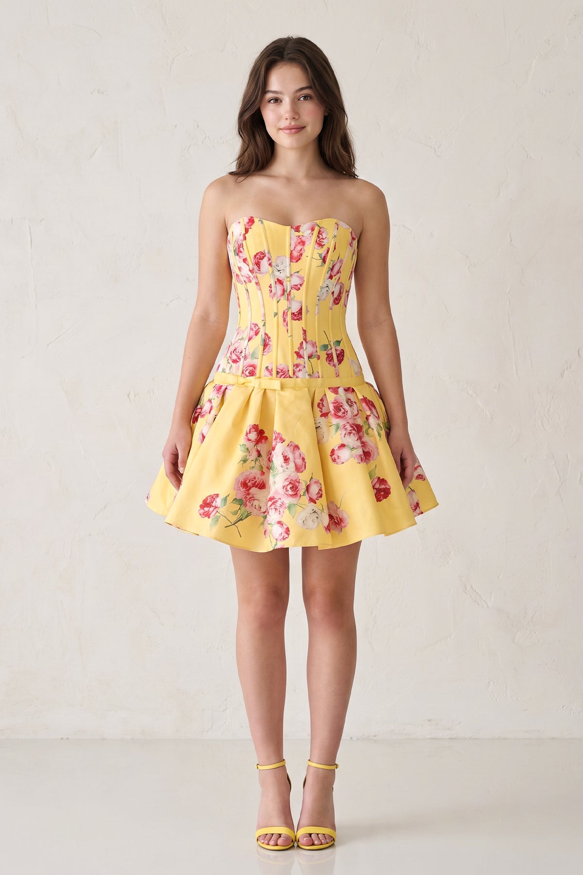 Lemon Sweetheart A-Line Floral Printed Satin Corset Homecoming Dress