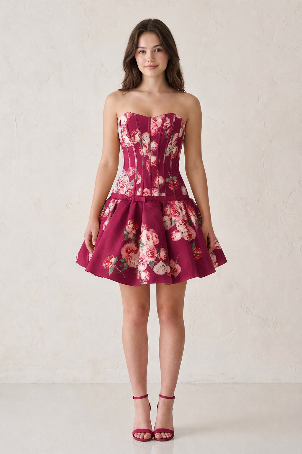 Lemon Sweetheart A-Line Floral Printed Satin Corset Homecoming Dress