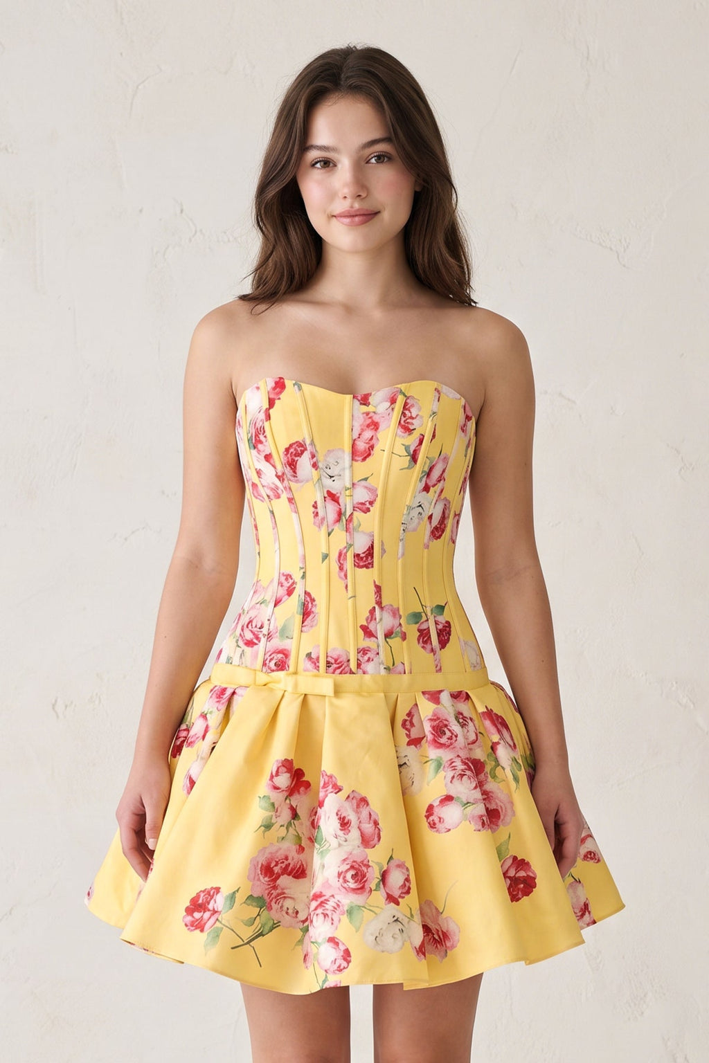 Lemon Sweetheart A-Line Floral Printed Satin Corset Homecoming Dress