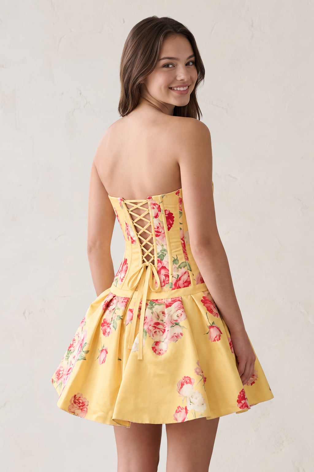 Lemon Sweetheart A-Line Floral Printed Satin Corset Homecoming Dress