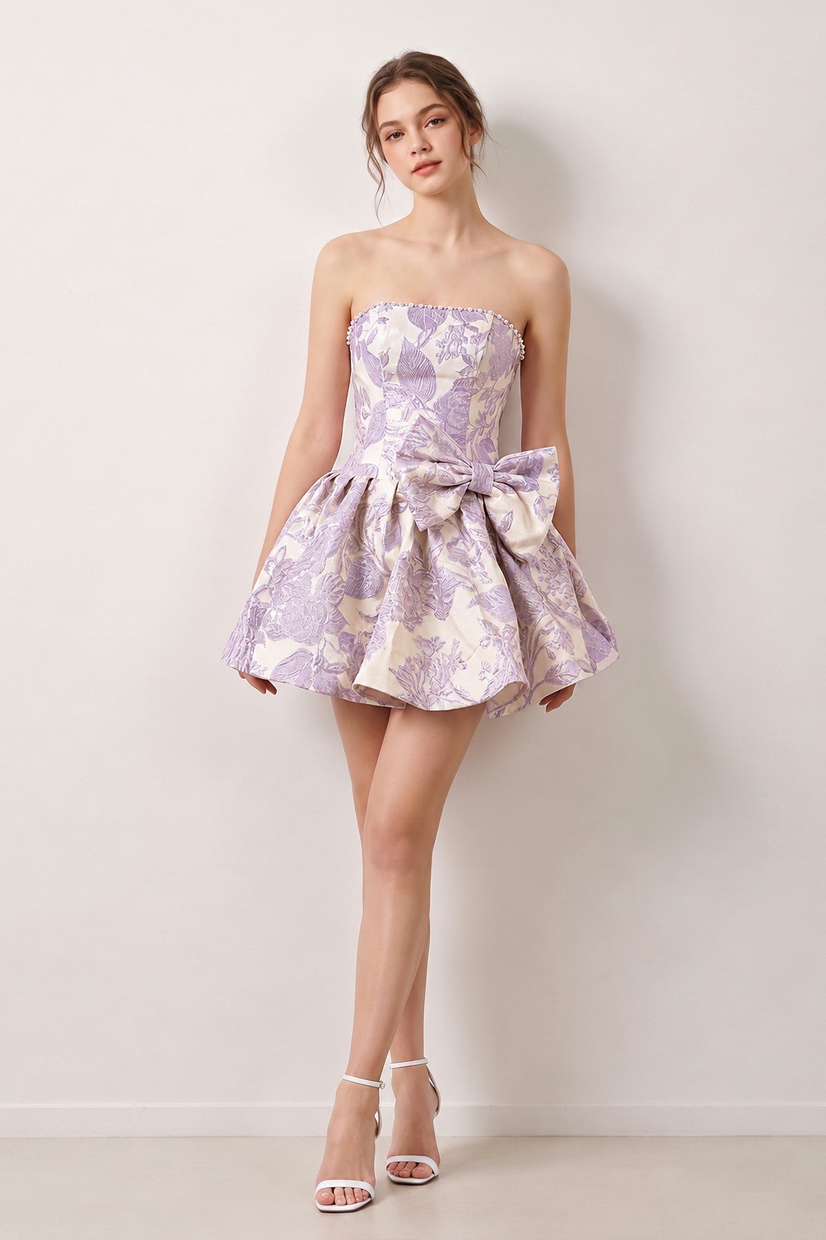 Blue Flower Jacquard Strapless A-Line Bowknot Homecoming Dress With Pearl
