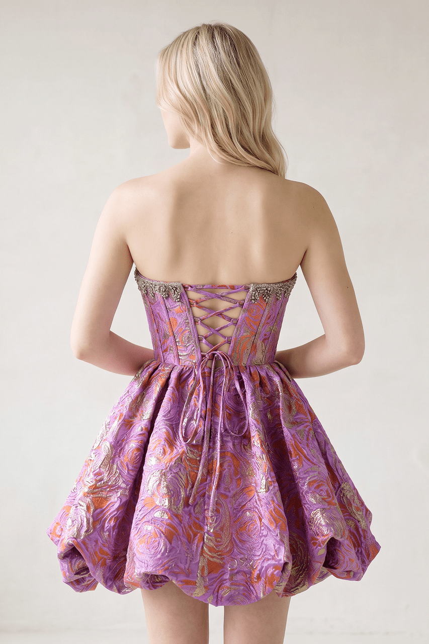 Lilac Strapless Corset Jacquard A-Line Ruched Homecoming Dress with Beading