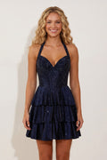 Navy Blue Halter Ruffled A-Line Corset Homecoming Dress With Beading