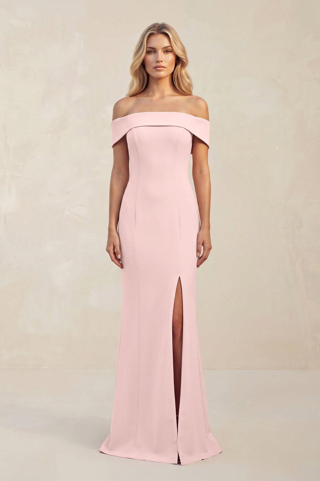 Sheath Off-the-Shoulder Satin Bridesmaid Dress With Slit in Rose Petal