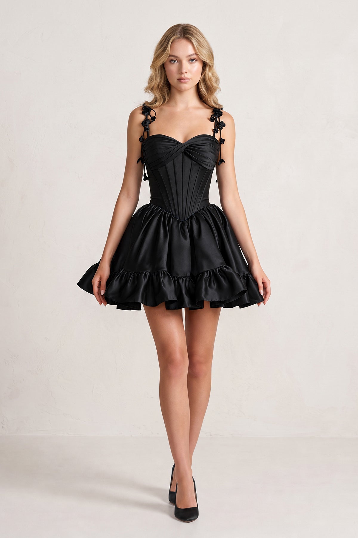 Pink 3D Flower Spaghetti Straps Ruffled A-Line Satin Corset Homecoming Dress