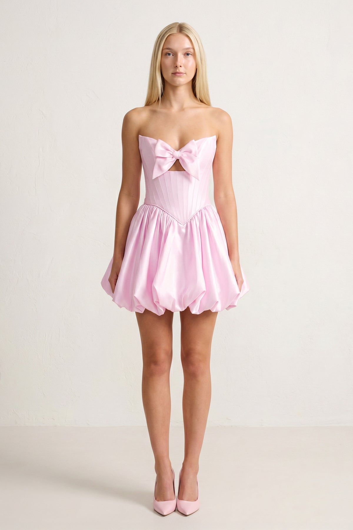 Pink Bowknot Sweetheart Bubble Hem A-Line Satin Homecoming Dress
