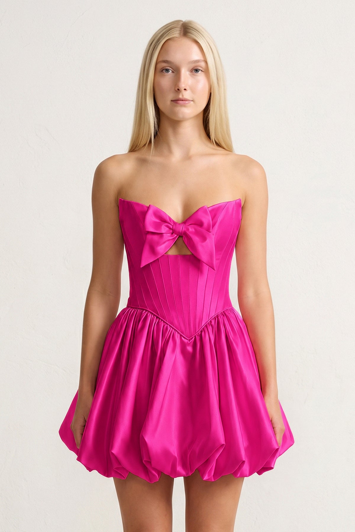 Pink Bowknot Sweetheart Bubble Hem A-Line Satin Homecoming Dress