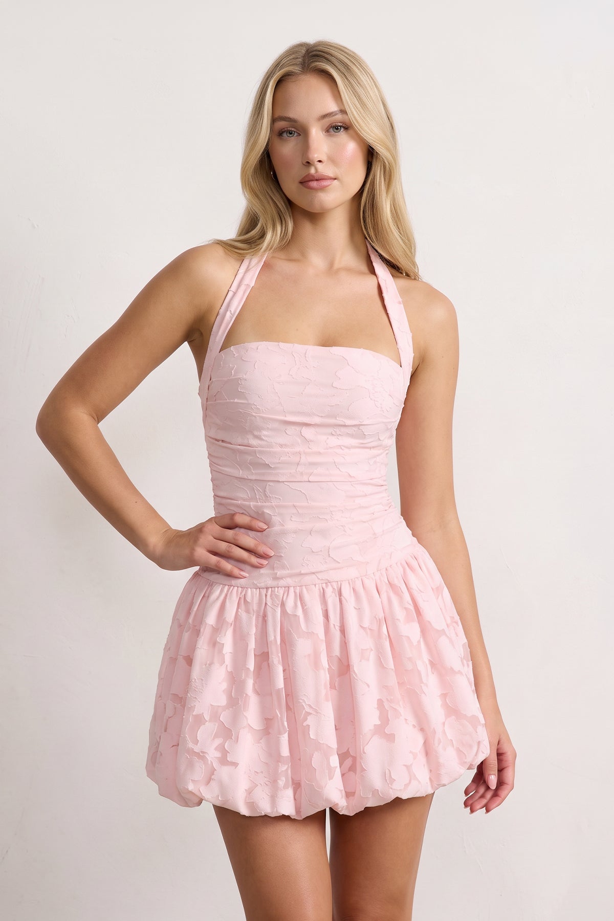 Pink Halter Jacquard Chiffon A-Line Homecoming Dress