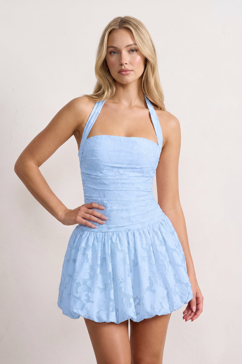 Pink Halter Jacquard Chiffon A-Line Homecoming Dress