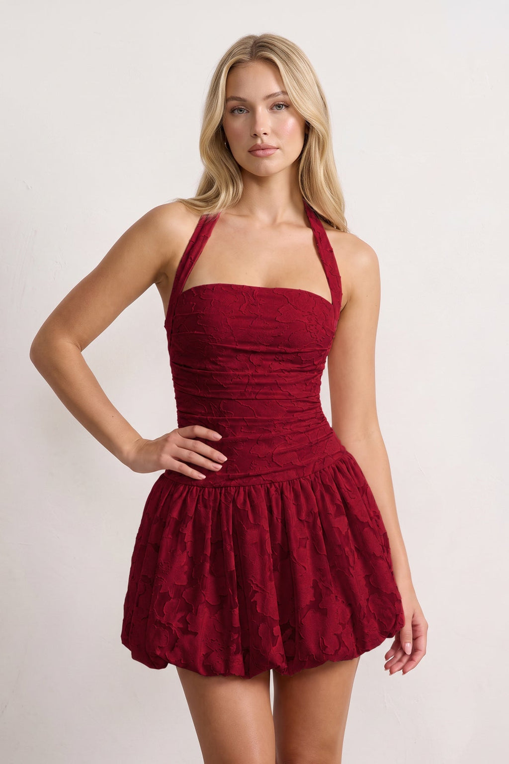 Pink Halter Jacquard Chiffon A-Line Homecoming Dress