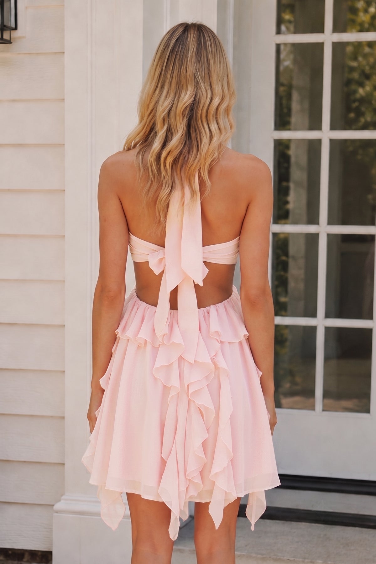 Pink Halter Ruffled A-Line Cut-Out Chiffon Homecoming Dress with 3D Flower