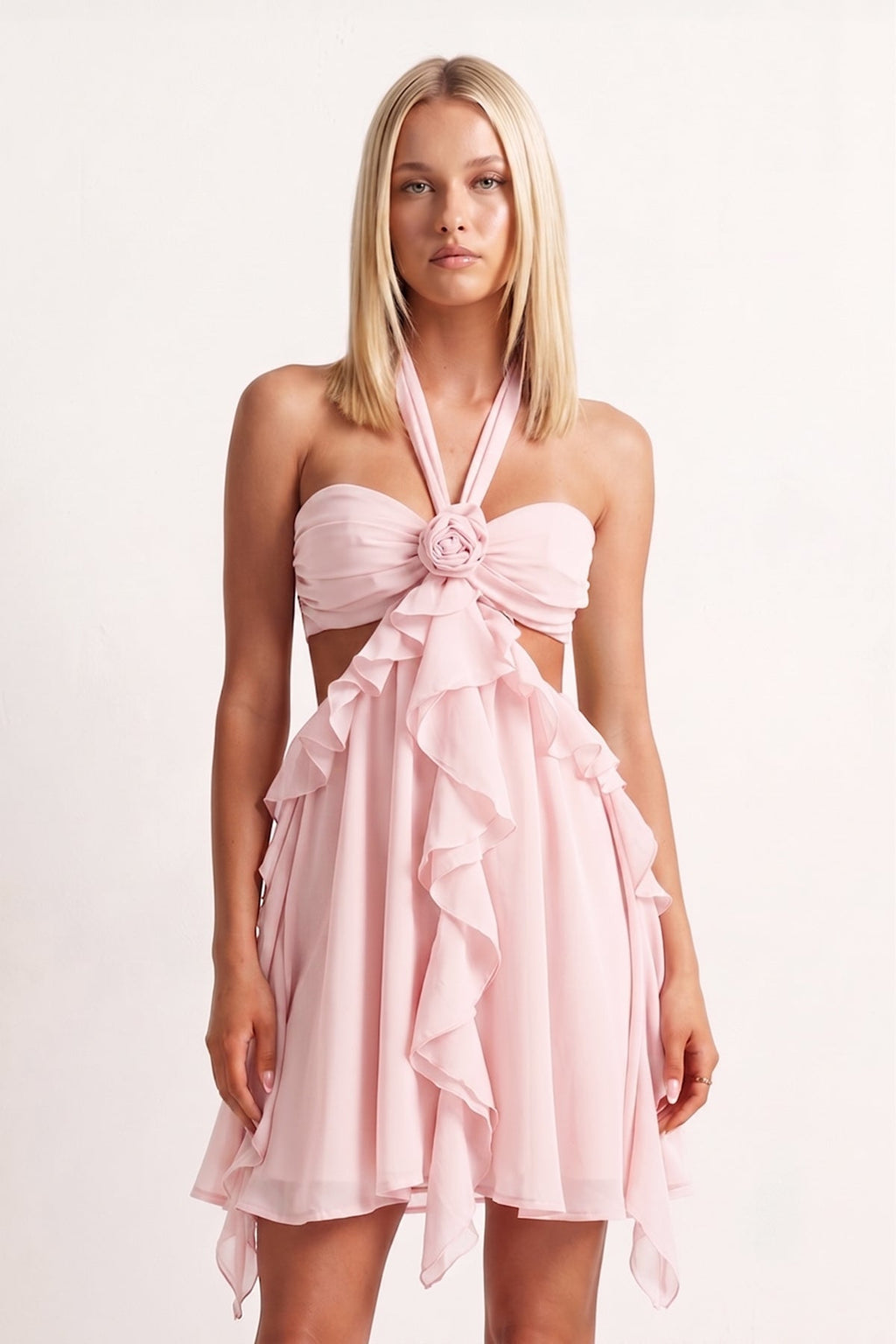 Pink Halter Ruffled A-Line Cut-Out Chiffon Homecoming Dress with 3D Flower