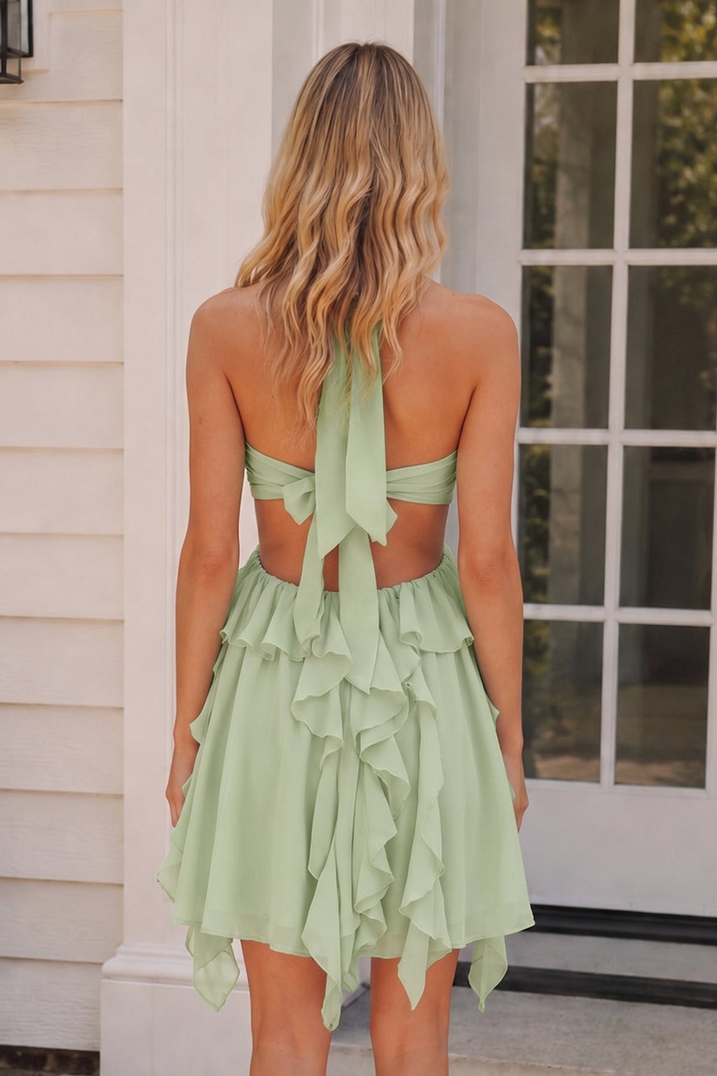 Pink Halter Ruffled A-Line Cut-Out Chiffon Homecoming Dress with 3D Flower