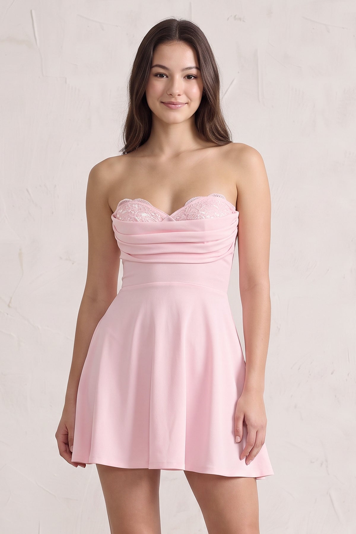 Pink Lace Sweetheart A-Line Linen Short Homecoming Dress