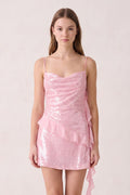Pink Spaghetti Straps Sequin Ruched Ruffled Sheath Homecoming Dress