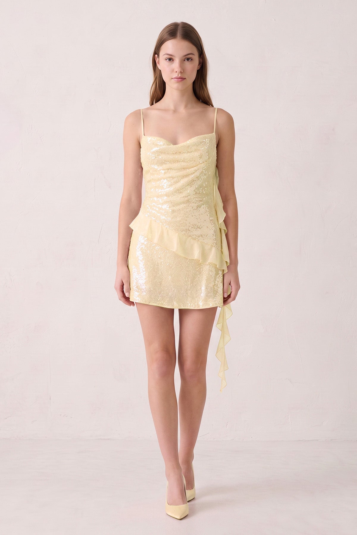 Pink Spaghetti Straps Sequin Ruched Ruffled Sheath Homecoming Dress