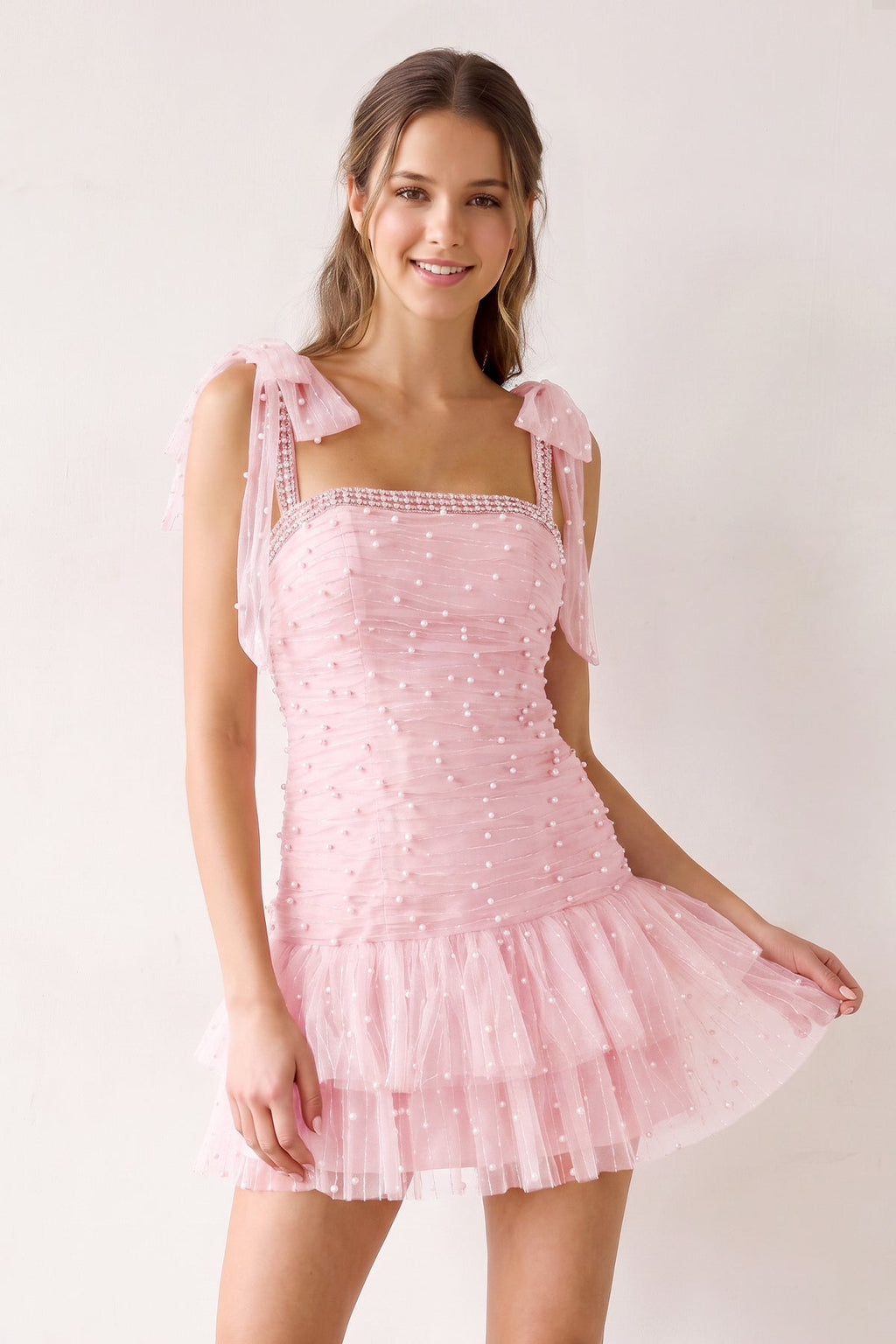 Pink Square Neck A-Line Ruffled Tulle Homecoming Dress with Pearl