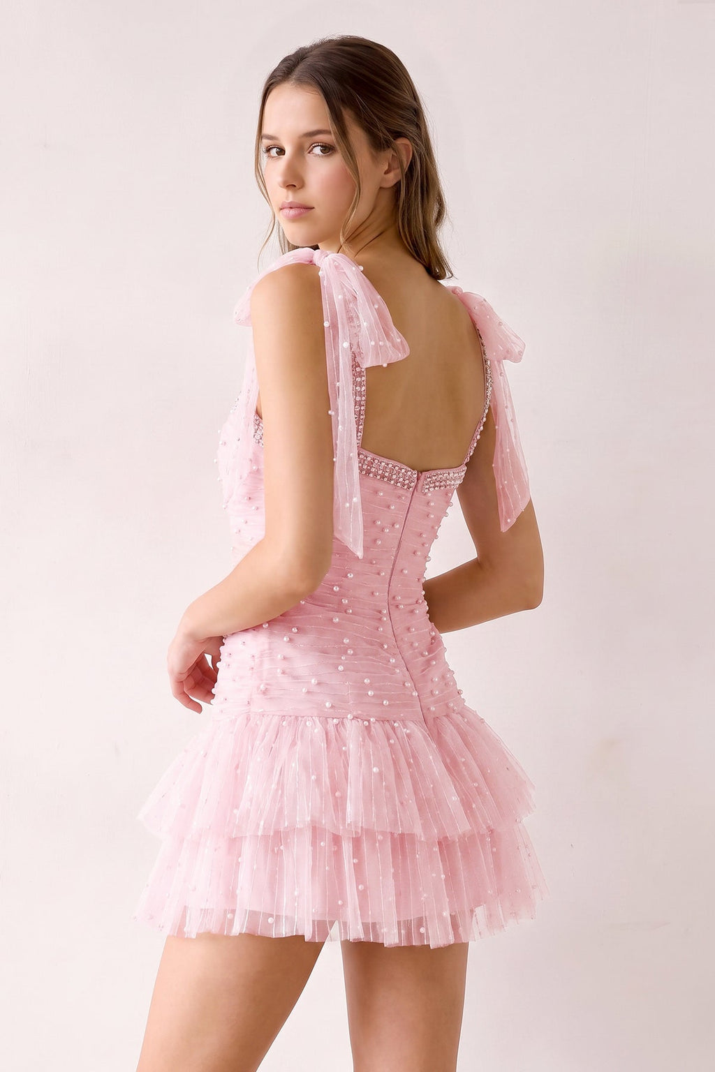 Pink Square Neck A-Line Ruffled Tulle Homecoming Dress with Pearl