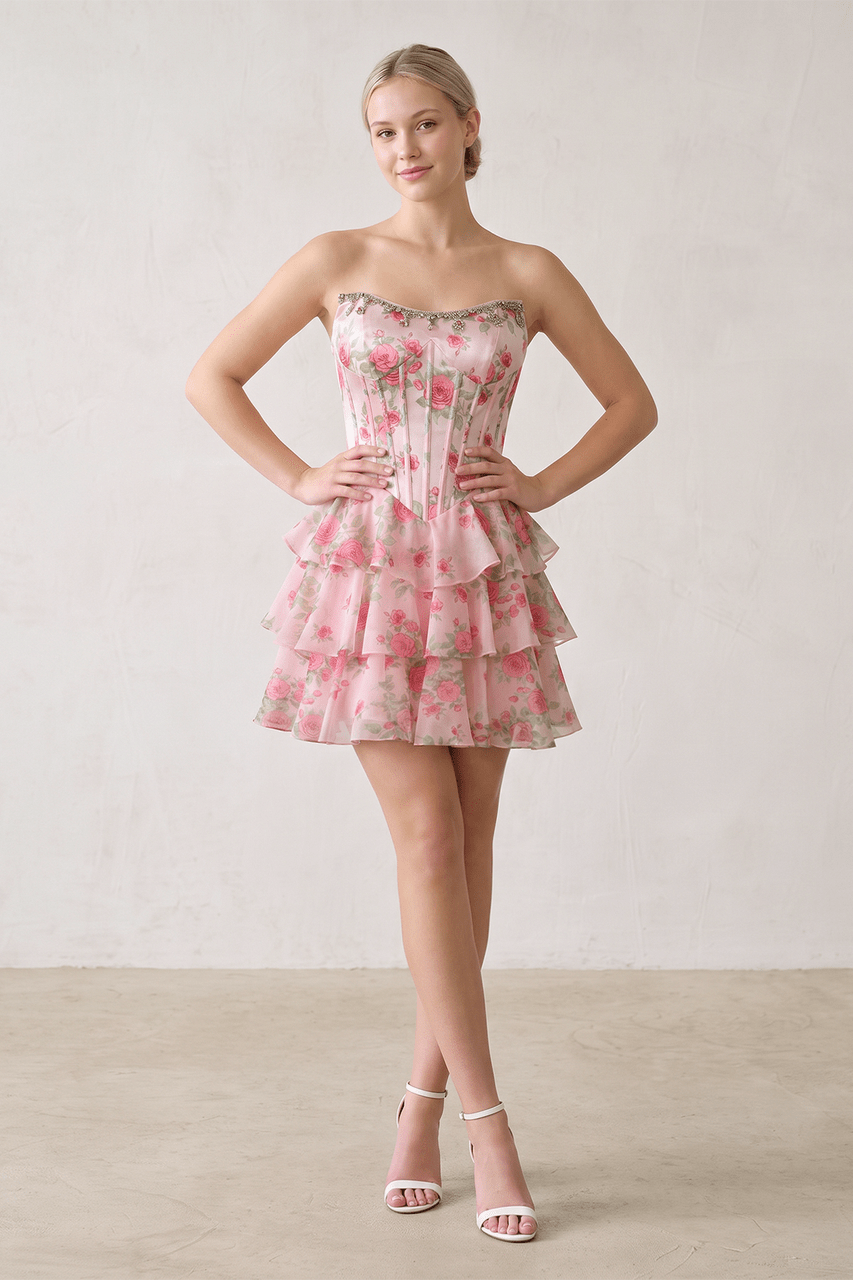 Pink Strapless A-Line Floral Corset Homecoming Dress