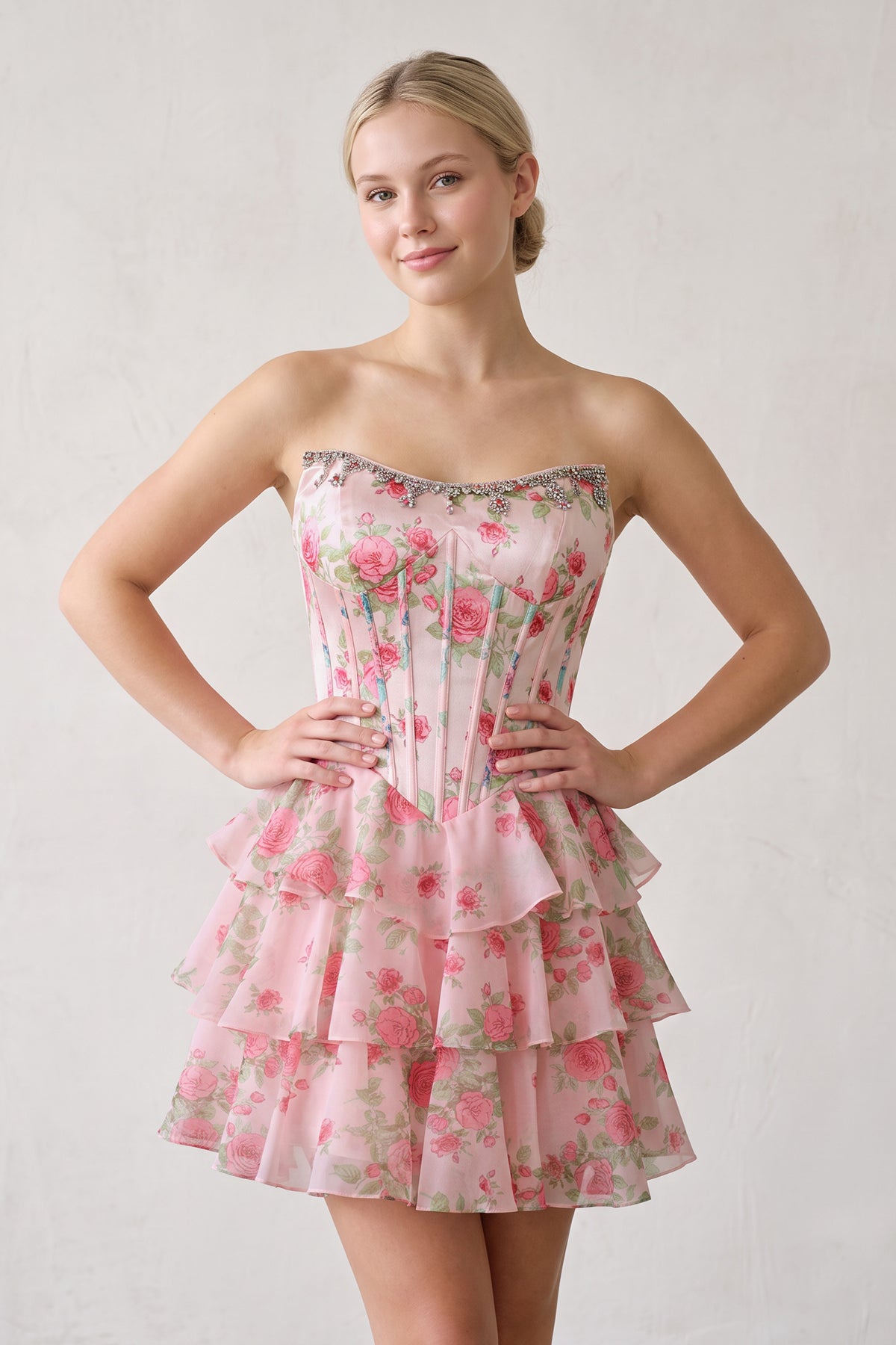 Pink Strapless A-Line Floral Corset Homecoming Dress