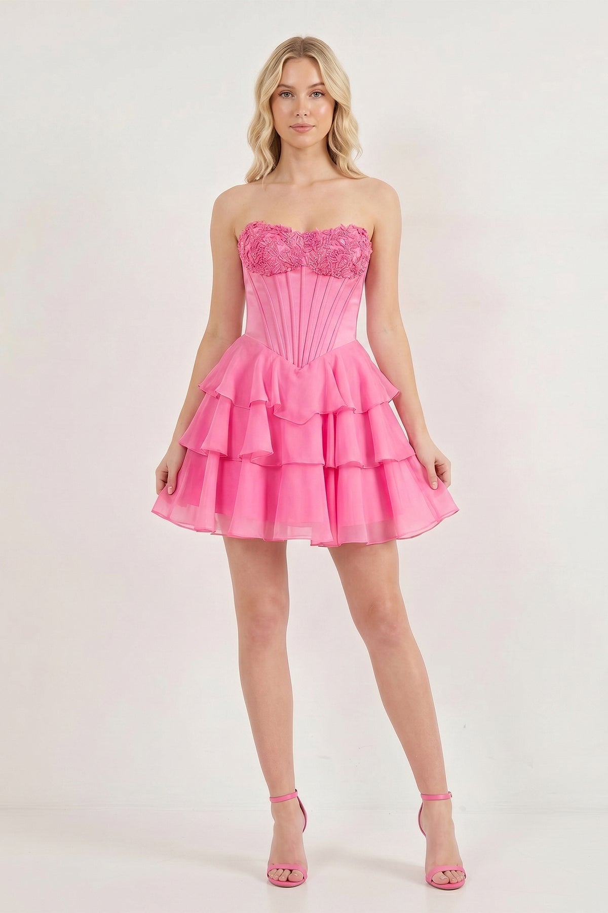 Pink Strapless Tiered A-Line Ruffled Chiffon Appliqued Homecoming Dress