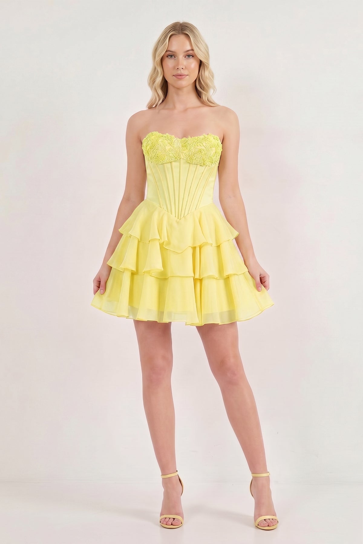 Pink Strapless Tiered A-Line Ruffled Chiffon Appliqued Homecoming Dress