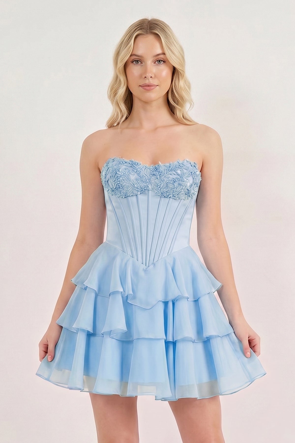 Pink Strapless Tiered A-Line Ruffled Chiffon Appliqued Homecoming Dress