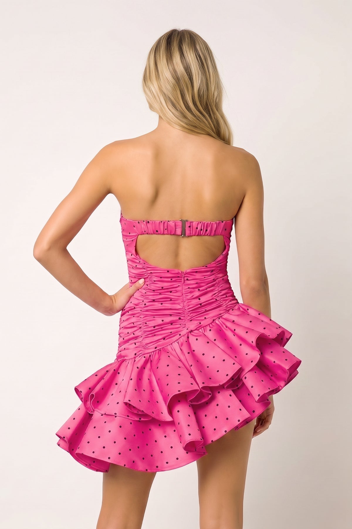 Pink Sweetheart Polka Dots Ruched Ruffled A-Line Homecoming Dress