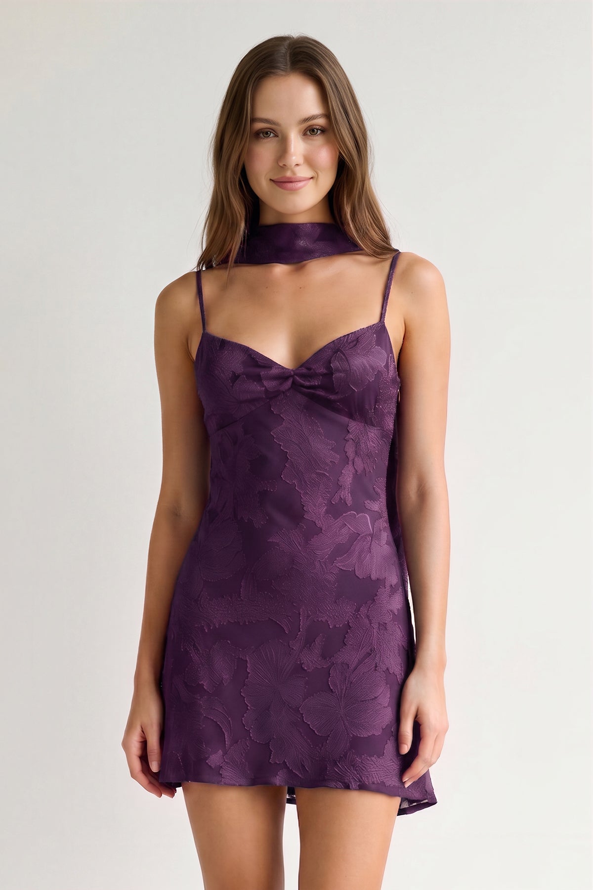Red Jacquard Chiffon Cami Straps Sheath Homecoming Dress with Scarf